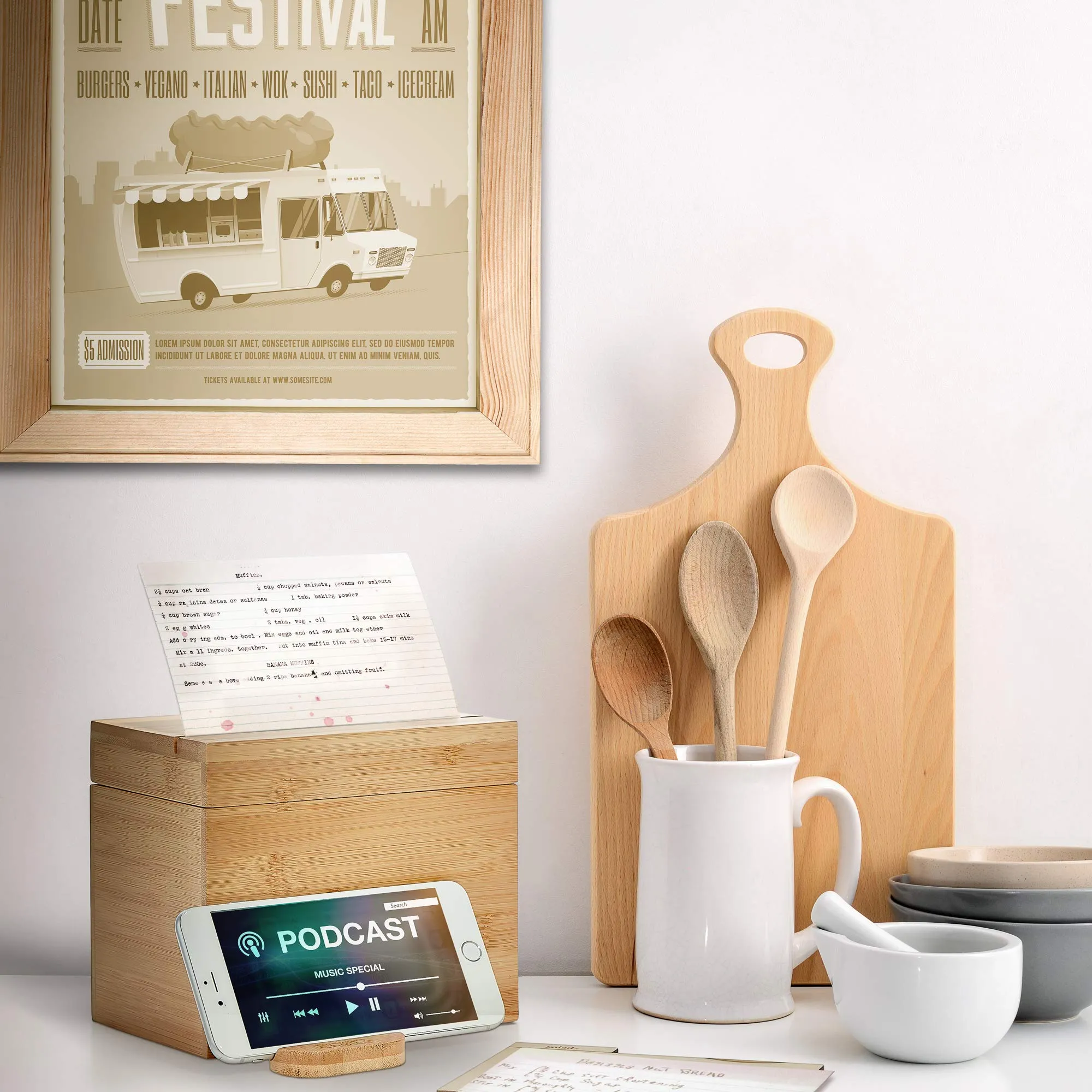 Prosumer's Choice Bamboo Recipe Card Organizer with Fold Out Tablet and Smartphone Stand