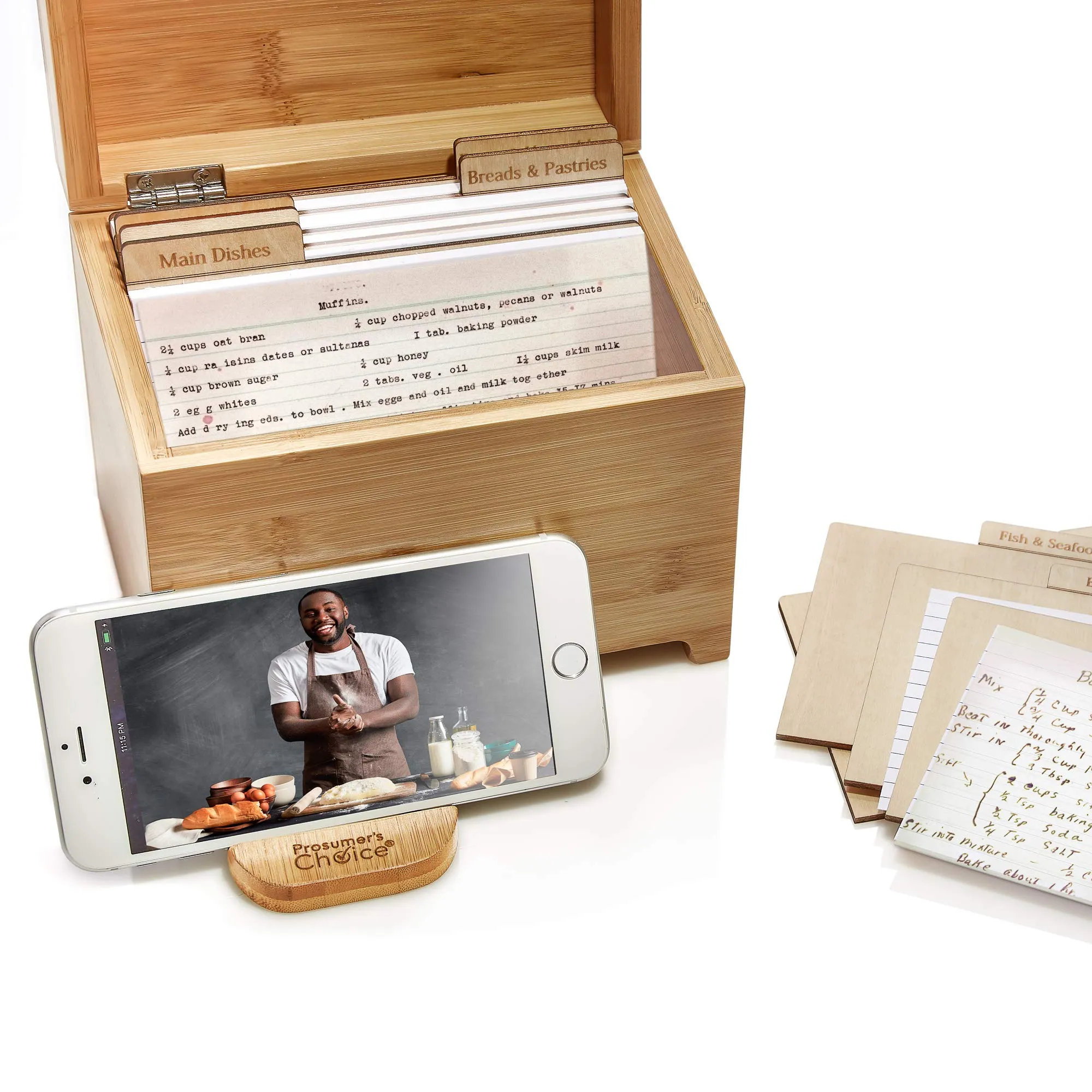 Prosumer's Choice Bamboo Recipe Card Organizer with Fold Out Tablet and Smartphone Stand