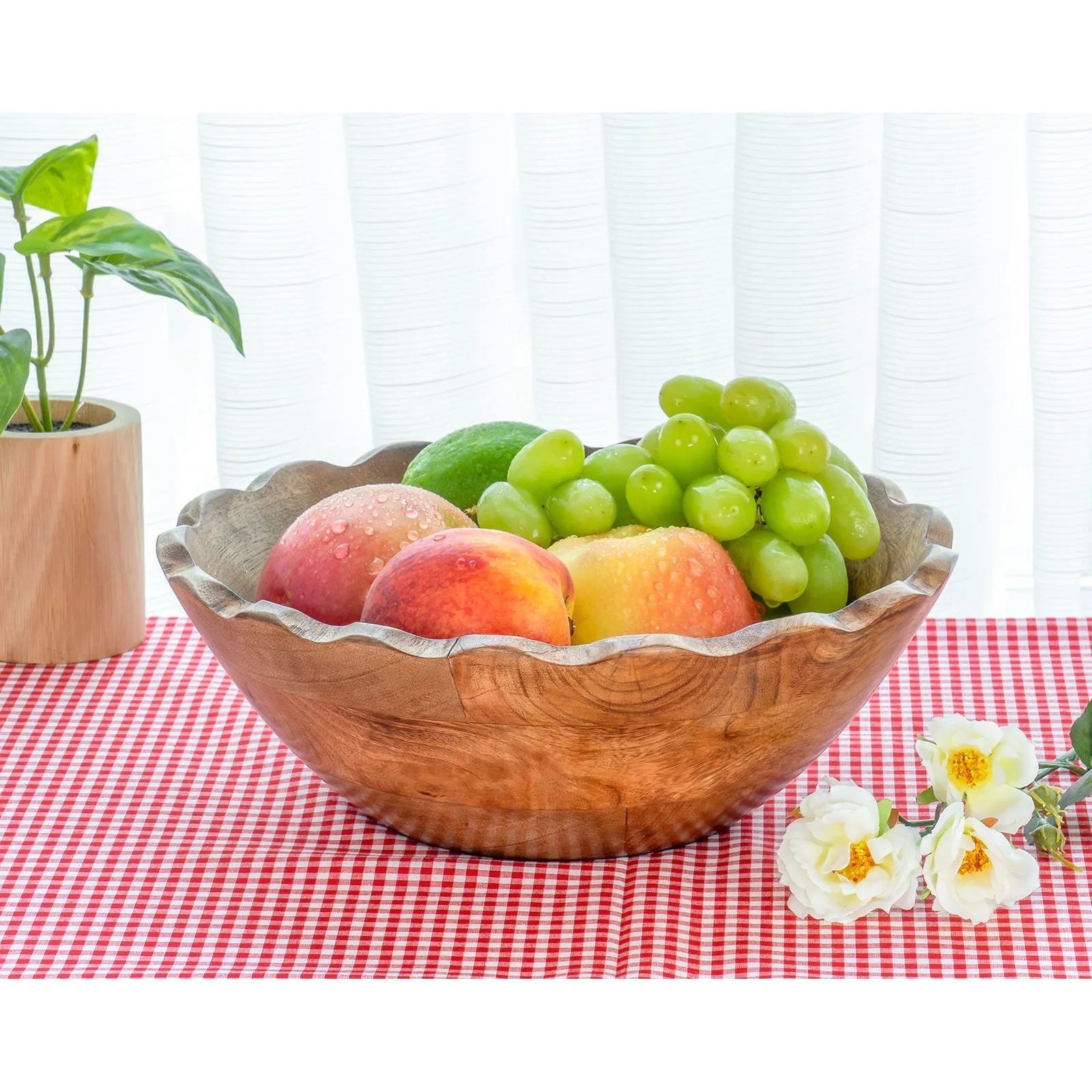 Red Co. 9.75” Large Decorative Wooden Centerpiece Serving Bowl with Wavy Edge, Natural Brown