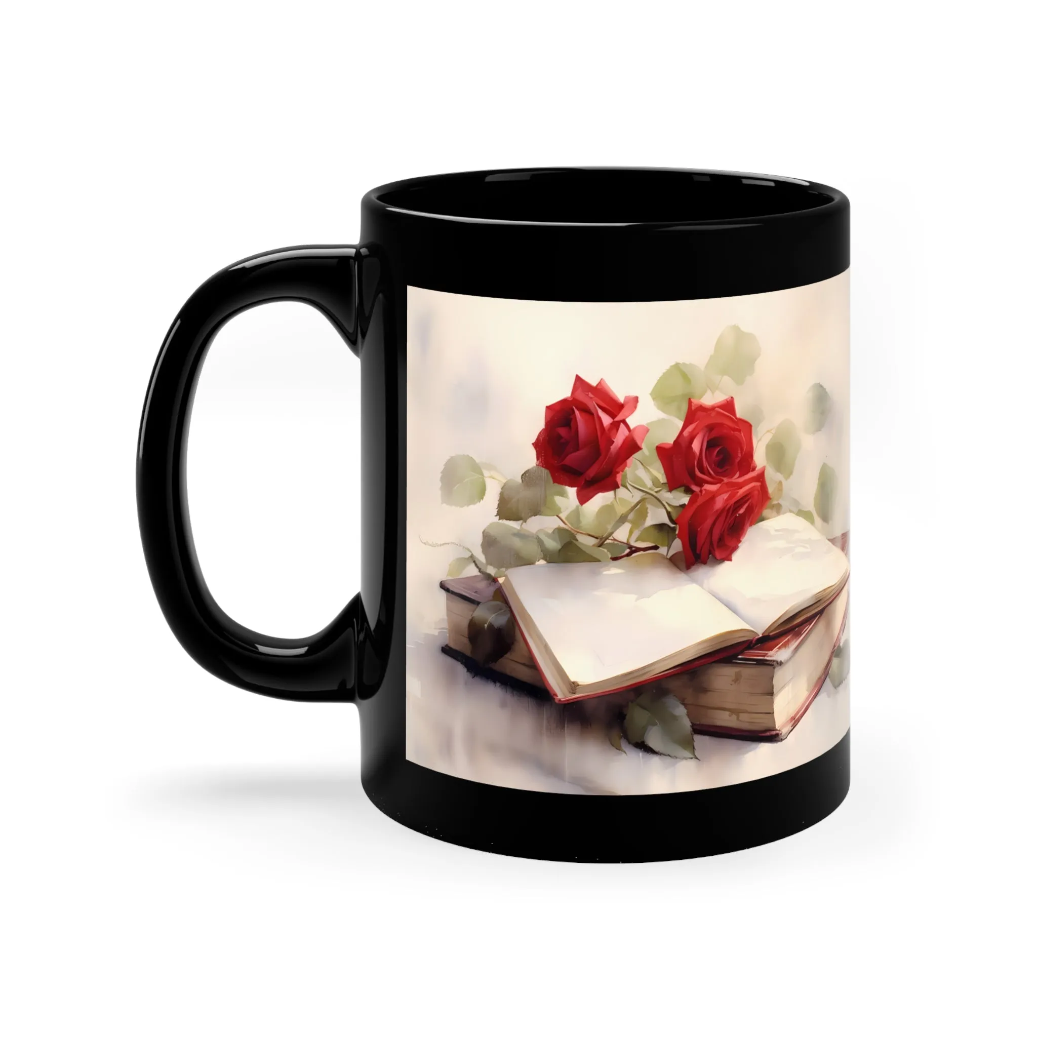 ROSES AND BOOKS (ANTIQUE LOOK) MUG - BLACK - MUGSCITY - Free Shipping