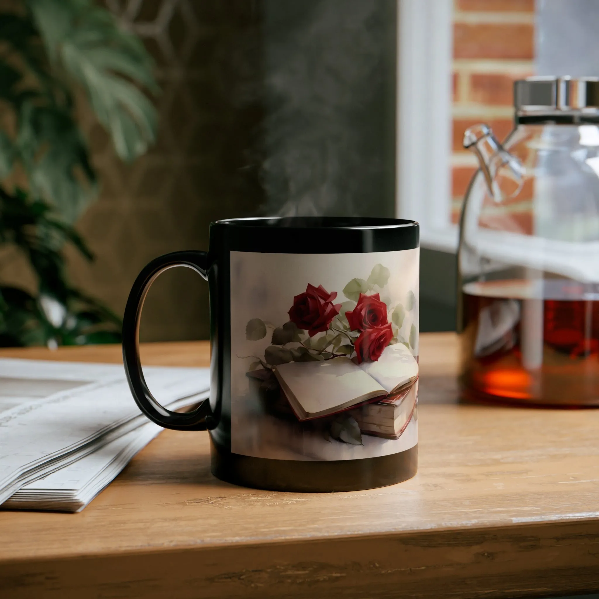 ROSES AND BOOKS (ANTIQUE LOOK) MUG - BLACK - MUGSCITY - Free Shipping