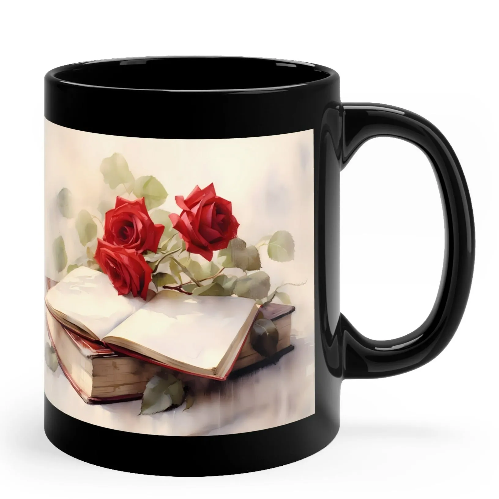 ROSES AND BOOKS (ANTIQUE LOOK) MUG - BLACK - MUGSCITY - Free Shipping