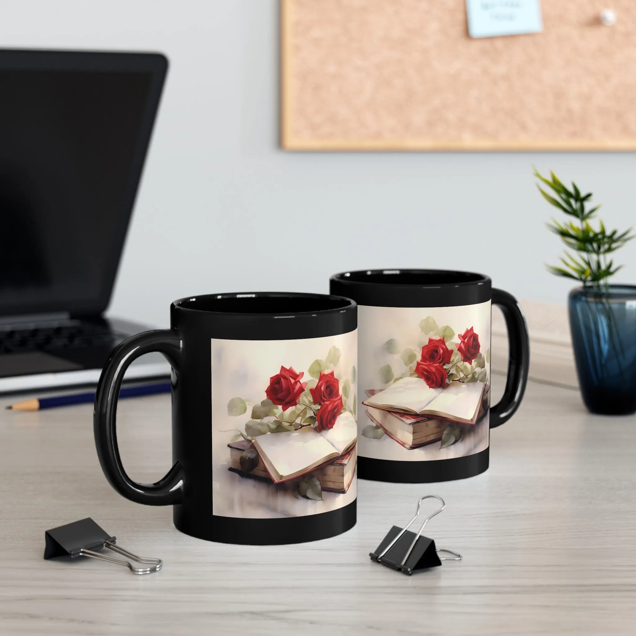 ROSES AND BOOKS (ANTIQUE LOOK) MUG - BLACK - MUGSCITY - Free Shipping