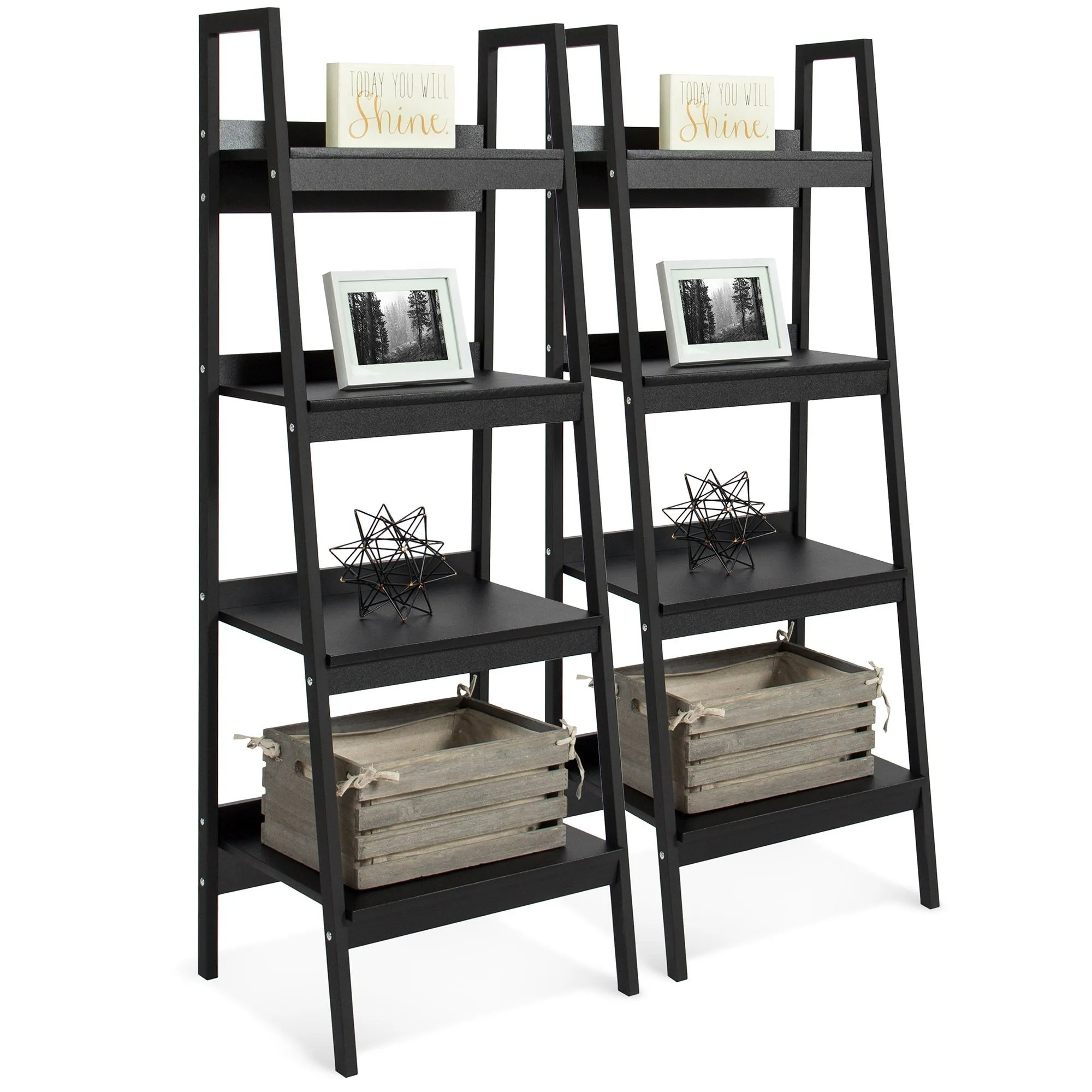 Set of 2 Wooden 4-Shelf Open Ladder Bookcase Displays w/ Metal Framing