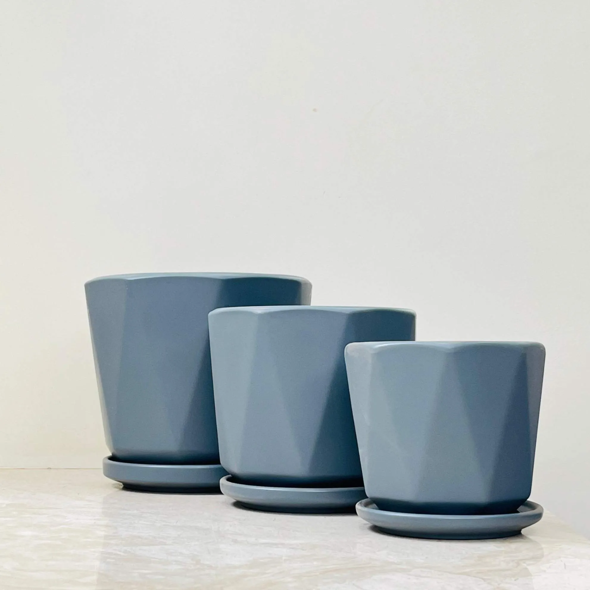 Slate Gray Ceramic Planters with Saucers (Set of 3)