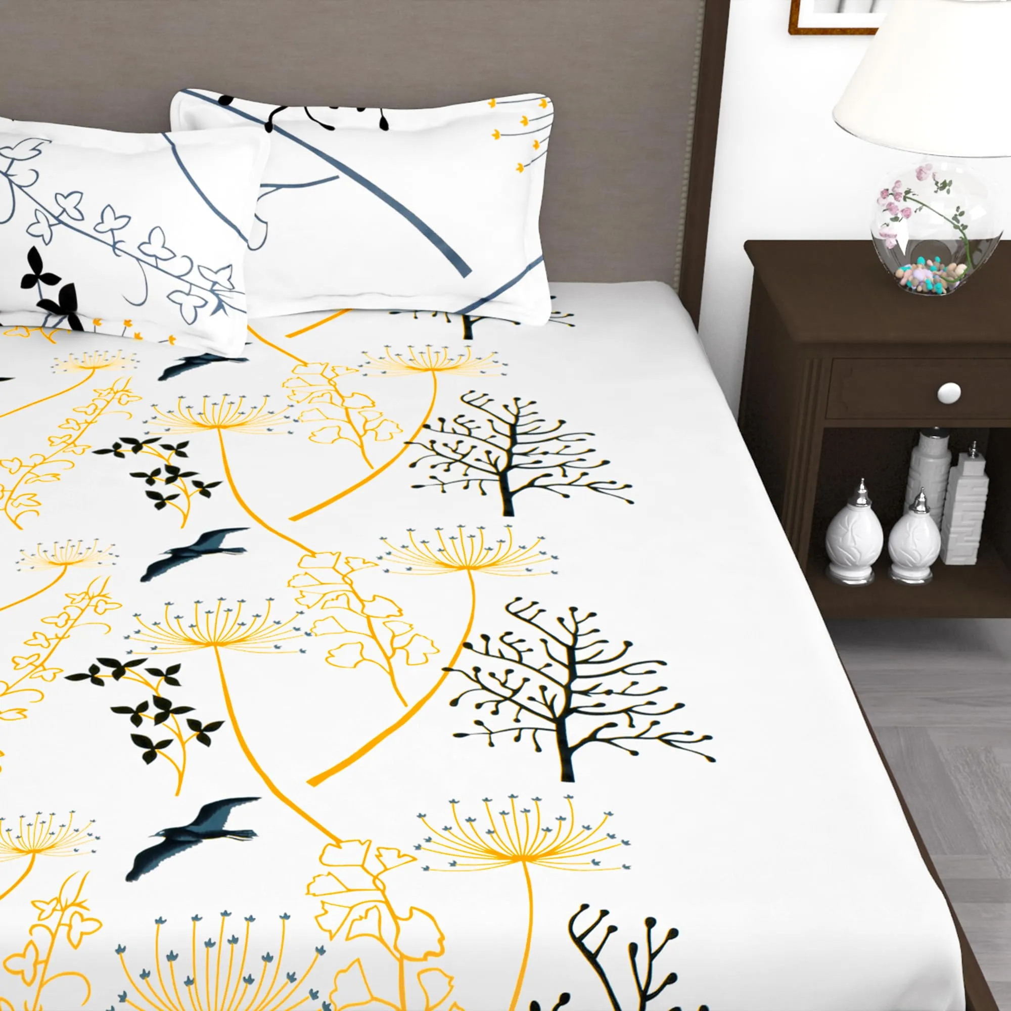 Story@Home 210 TC 100% Pure Cotton Bedsheet for King Double Bed with 2 Pillow Covers, (88 x 108 inch) Floral Magic, Cream and Yellow