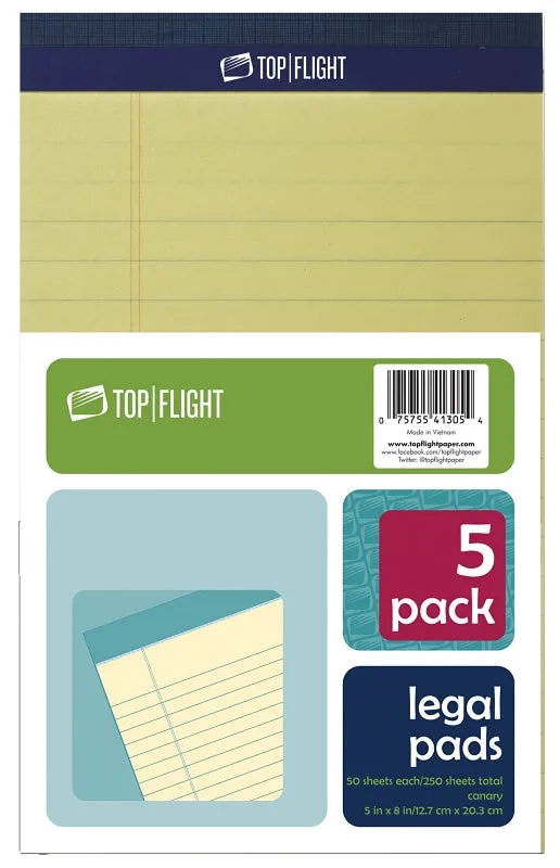 Top Flight 8105/5 Series 4513090 Legal Pad, 8 in L x 5 in W Sheet, 50-Sheet, Canary Yellow Sheet :PK  5: QUANTITY: 12