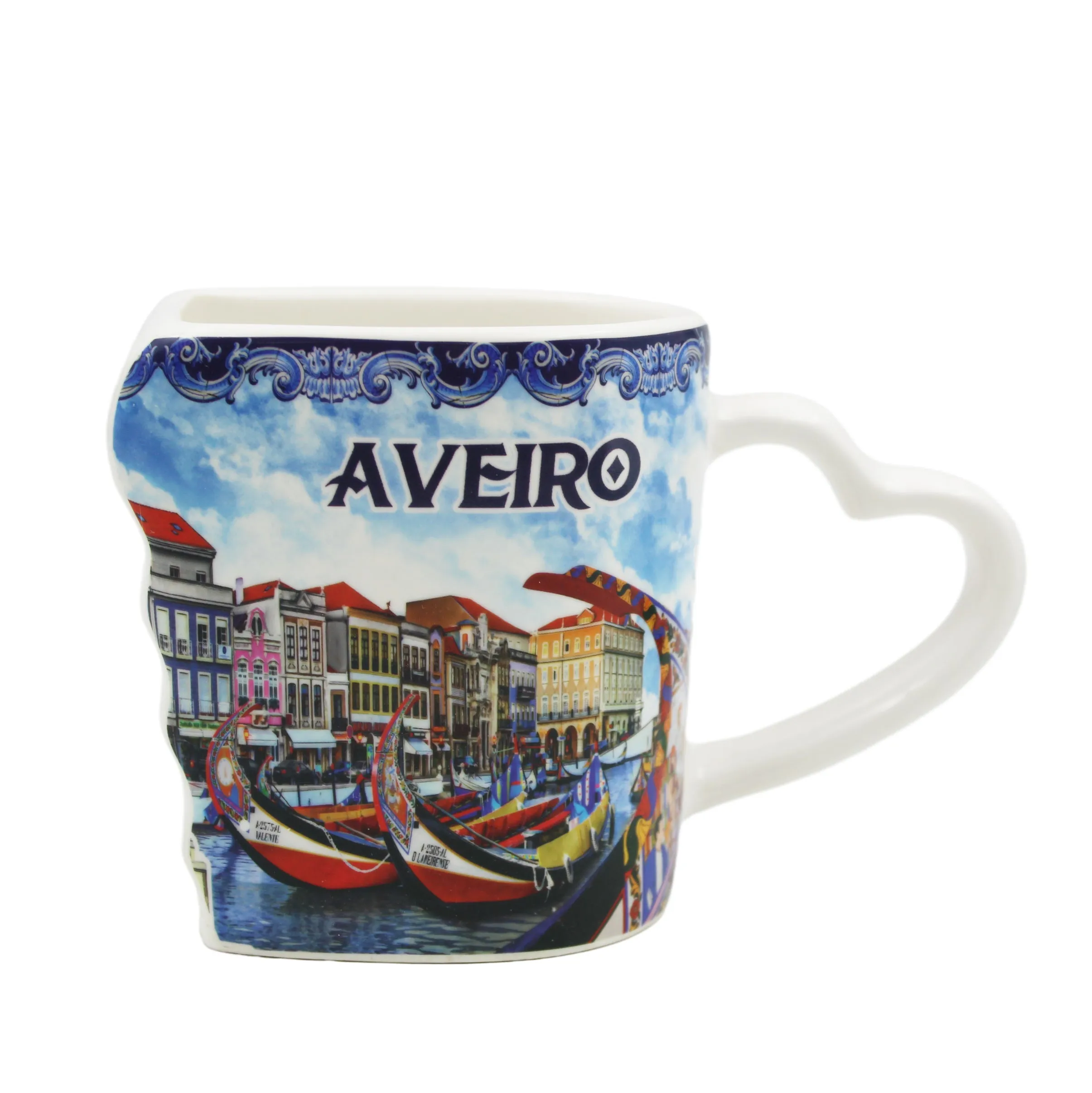 Traditional Blue Aveiro Portugal Ceramic Double Mug with Heart Handle, Set of 2