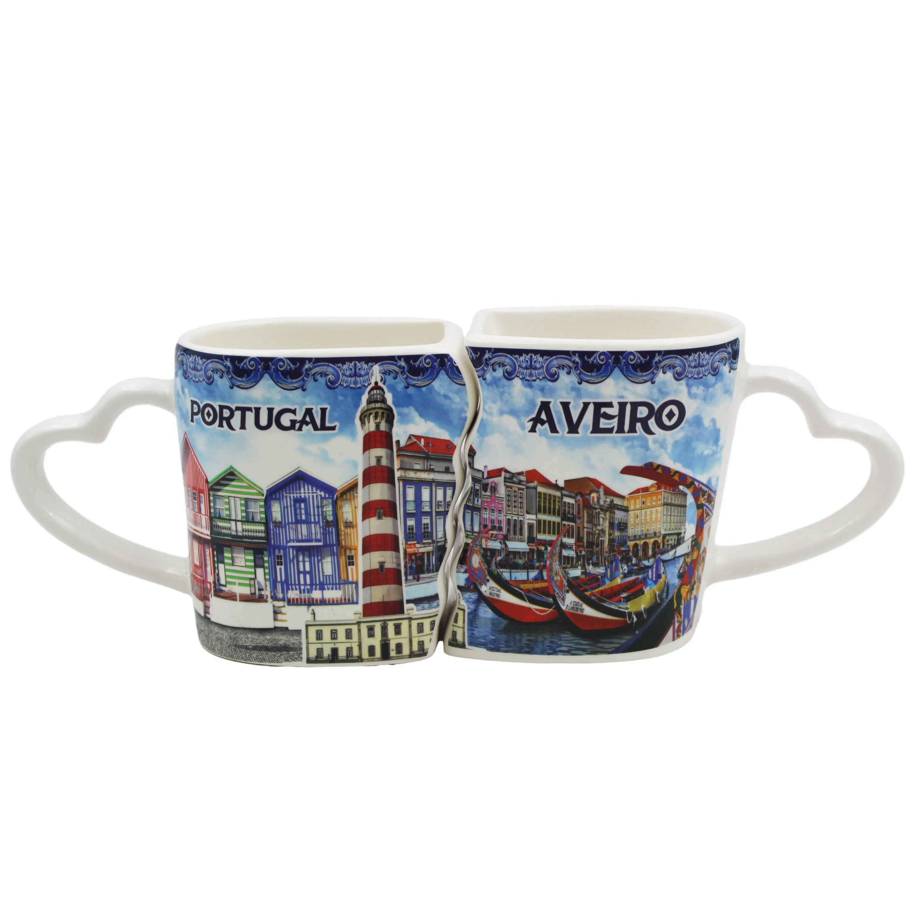 Traditional Blue Aveiro Portugal Ceramic Double Mug with Heart Handle, Set of 2