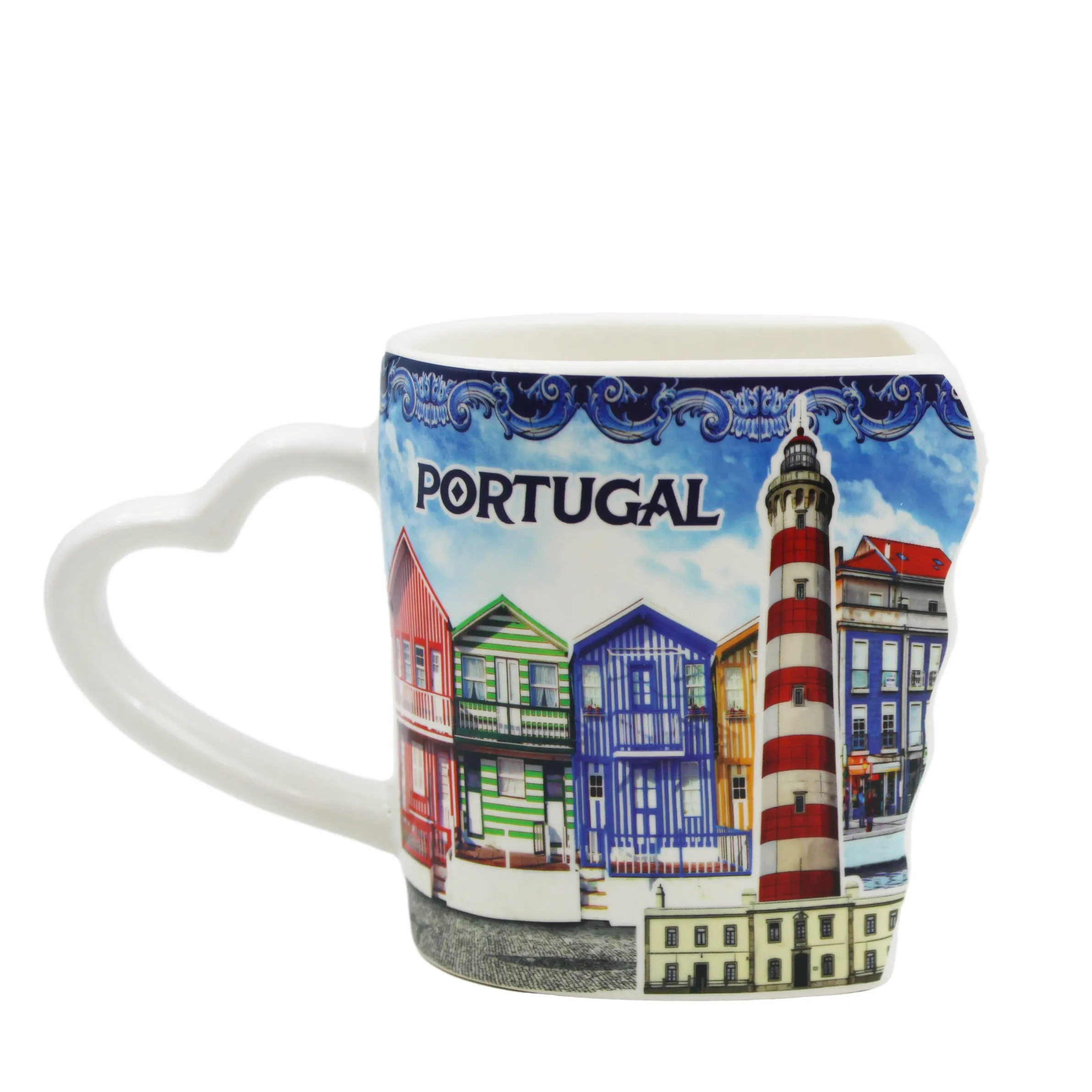 Traditional Blue Aveiro Portugal Ceramic Double Mug with Heart Handle, Set of 2