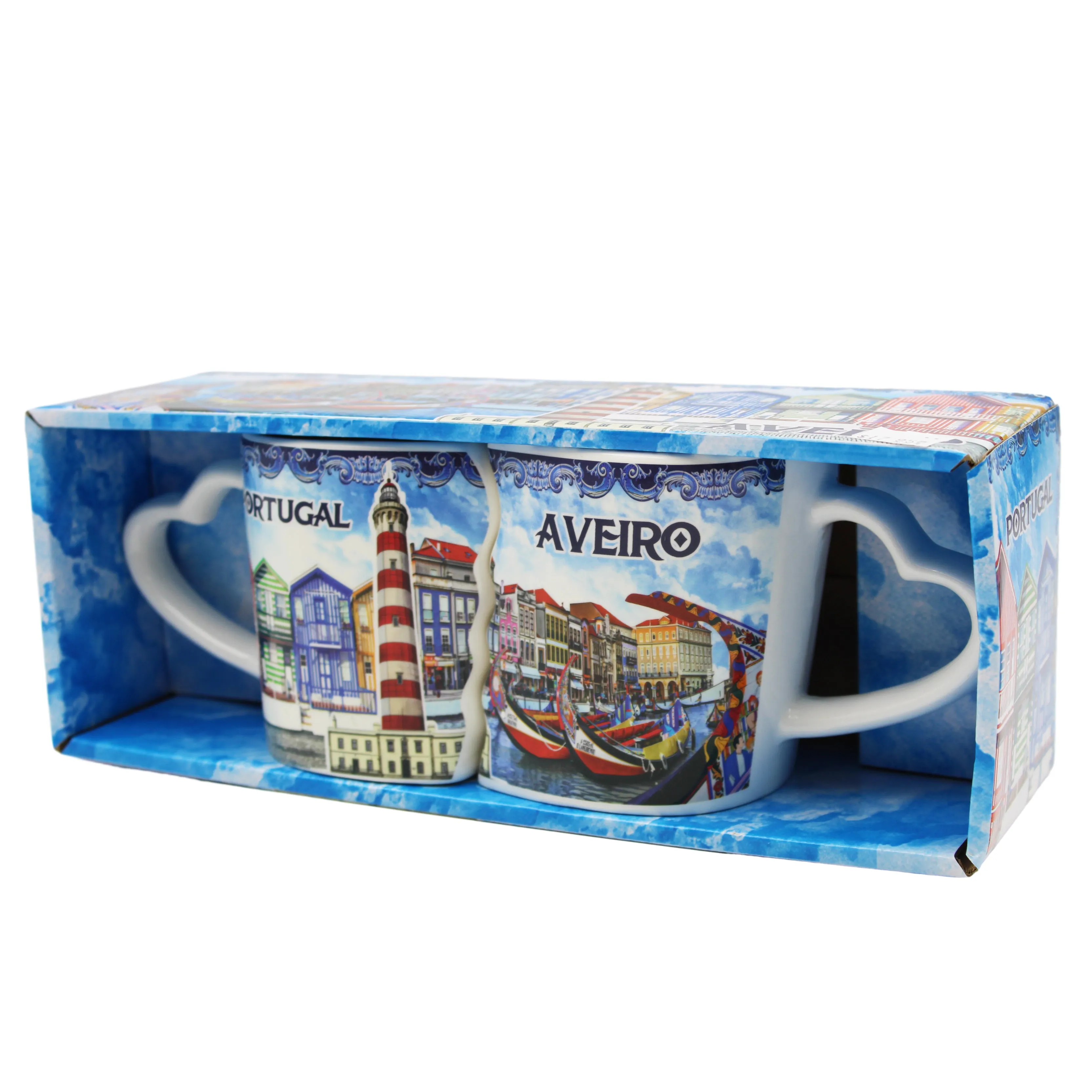 Traditional Blue Aveiro Portugal Ceramic Double Mug with Heart Handle, Set of 2