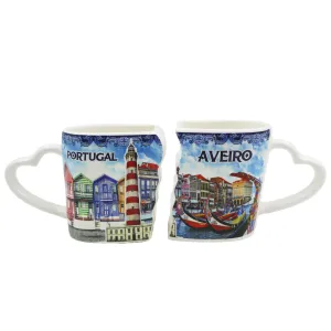 Traditional Blue Aveiro Portugal Ceramic Double Mug with Heart Handle, Set of 2