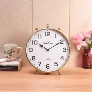 TrenDec Metal Round Silver Finish Table Analog Clock for Bedroom | Tableware Decorative Item | Office Desk | Kitchen Analog Table Clock (Gold Vintage-Dia: 10 Inch)