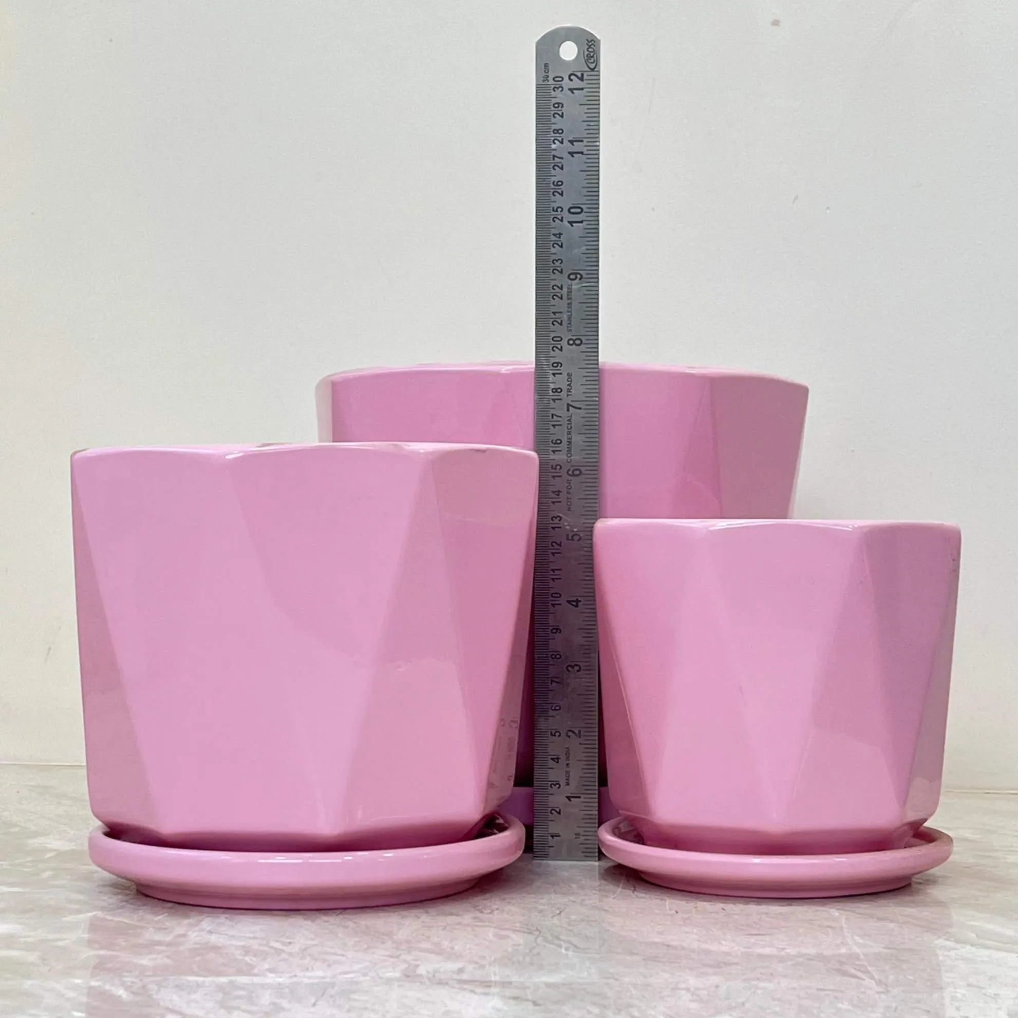 Vibrant Pink Geometric Ceramic Pot Set Of 3