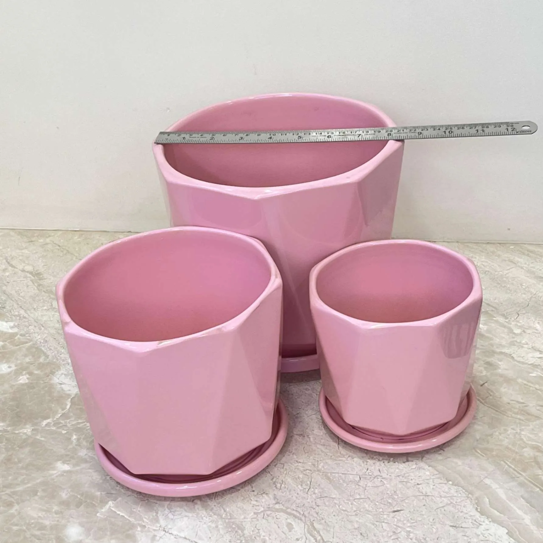 Vibrant Pink Geometric Ceramic Pot Set Of 3