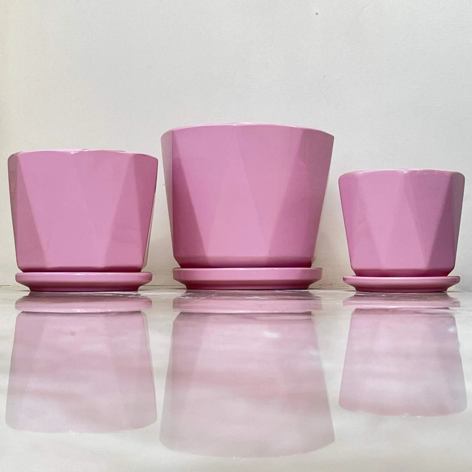 Vibrant Pink Geometric Ceramic Pot Set Of 3