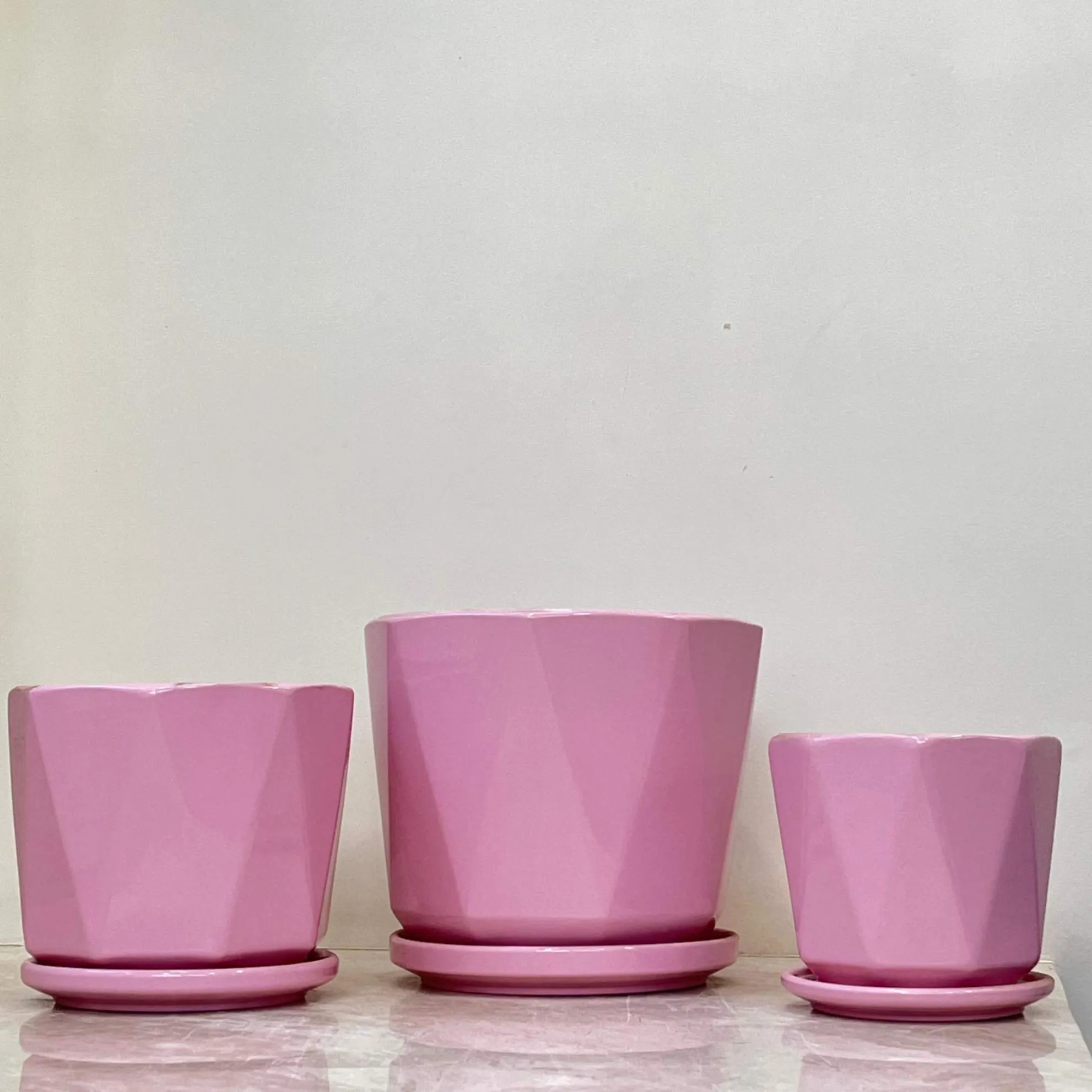 Vibrant Pink Geometric Ceramic Pot Set Of 3