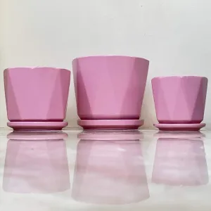 Vibrant Pink Geometric Ceramic Pot Set Of 3