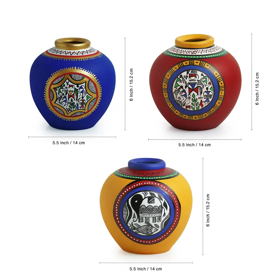 Warli & Madhubani Handpainted Terracotta Vases (Set Of 3)