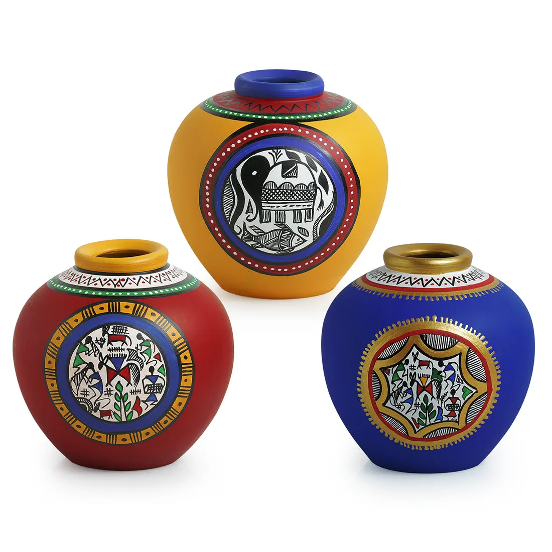 Warli & Madhubani Handpainted Terracotta Vases (Set Of 3)