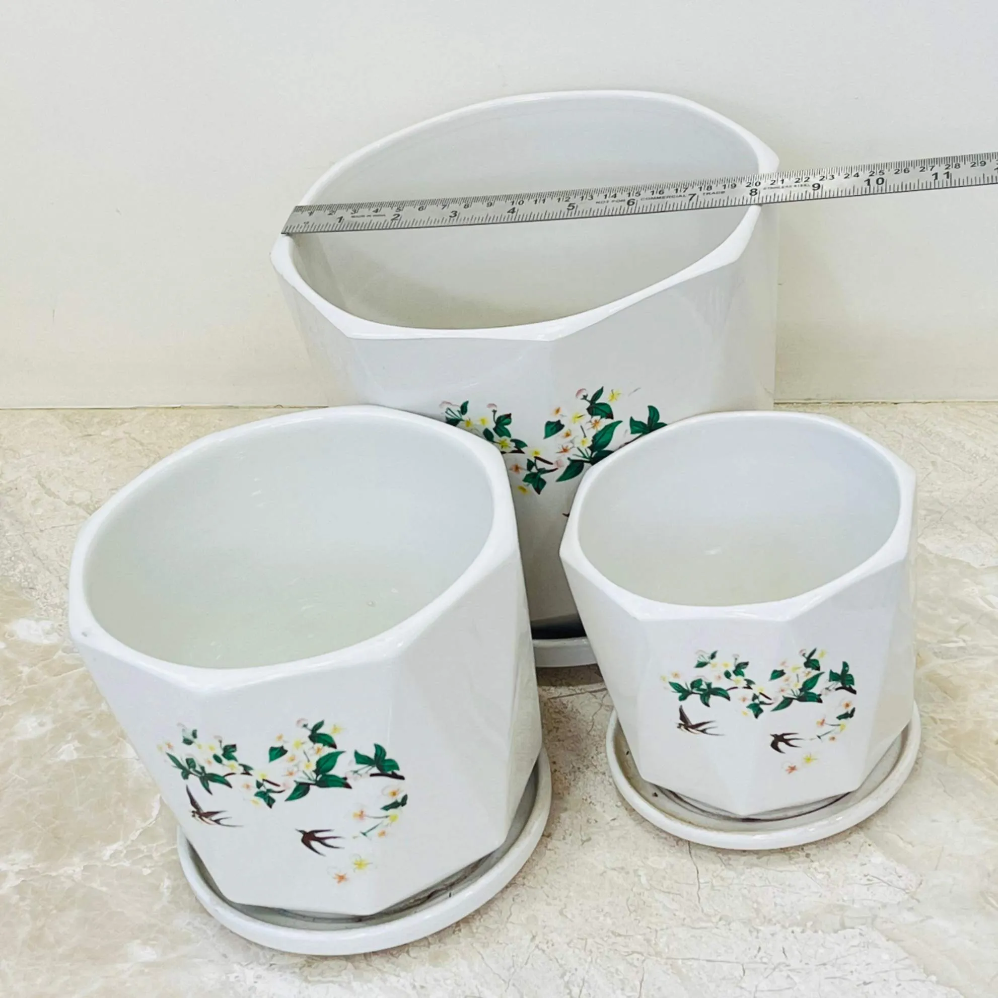 White Ceramic Planter Set with Floral and Bird Design (Set Of 3)