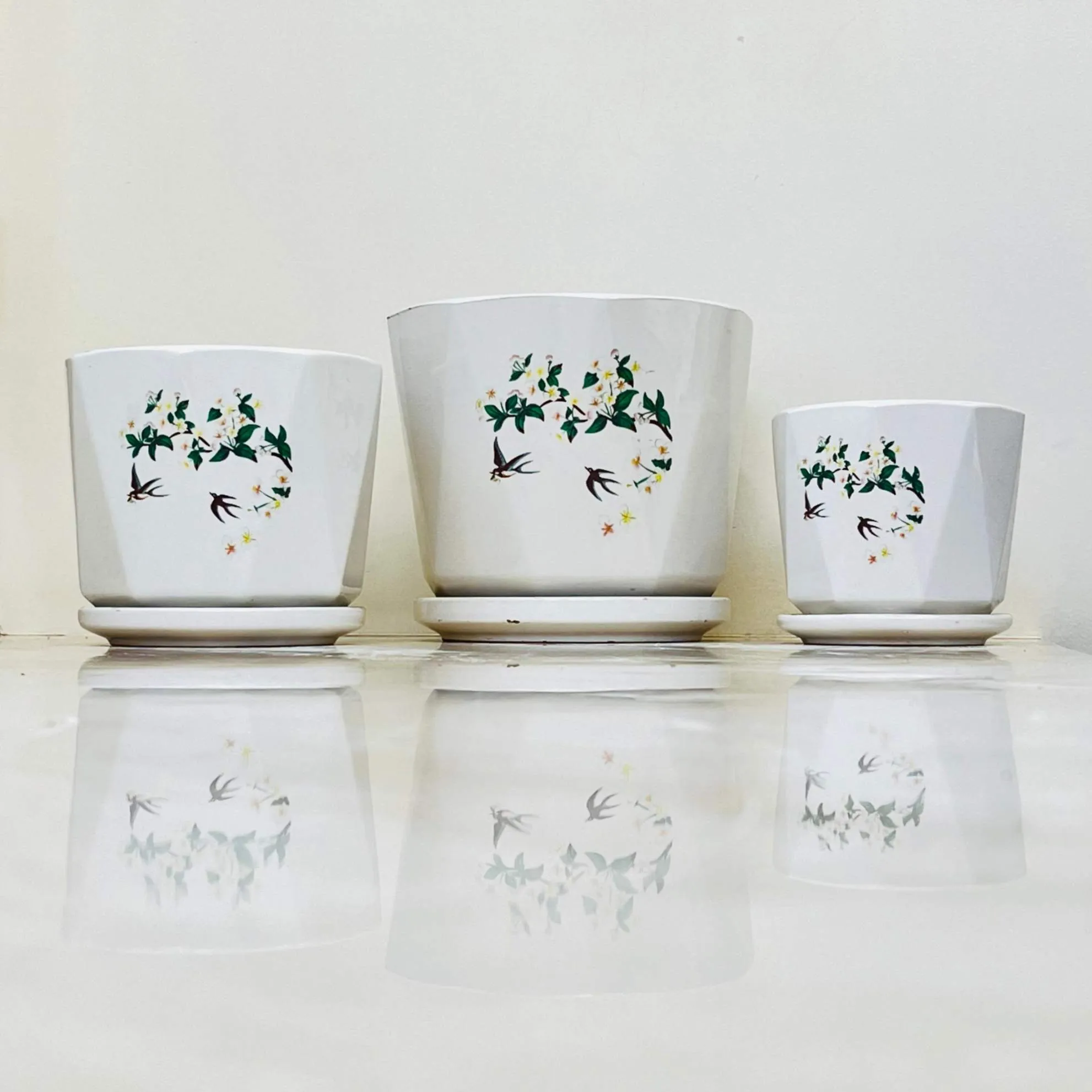 White Ceramic Planter Set with Floral and Bird Design (Set Of 3)