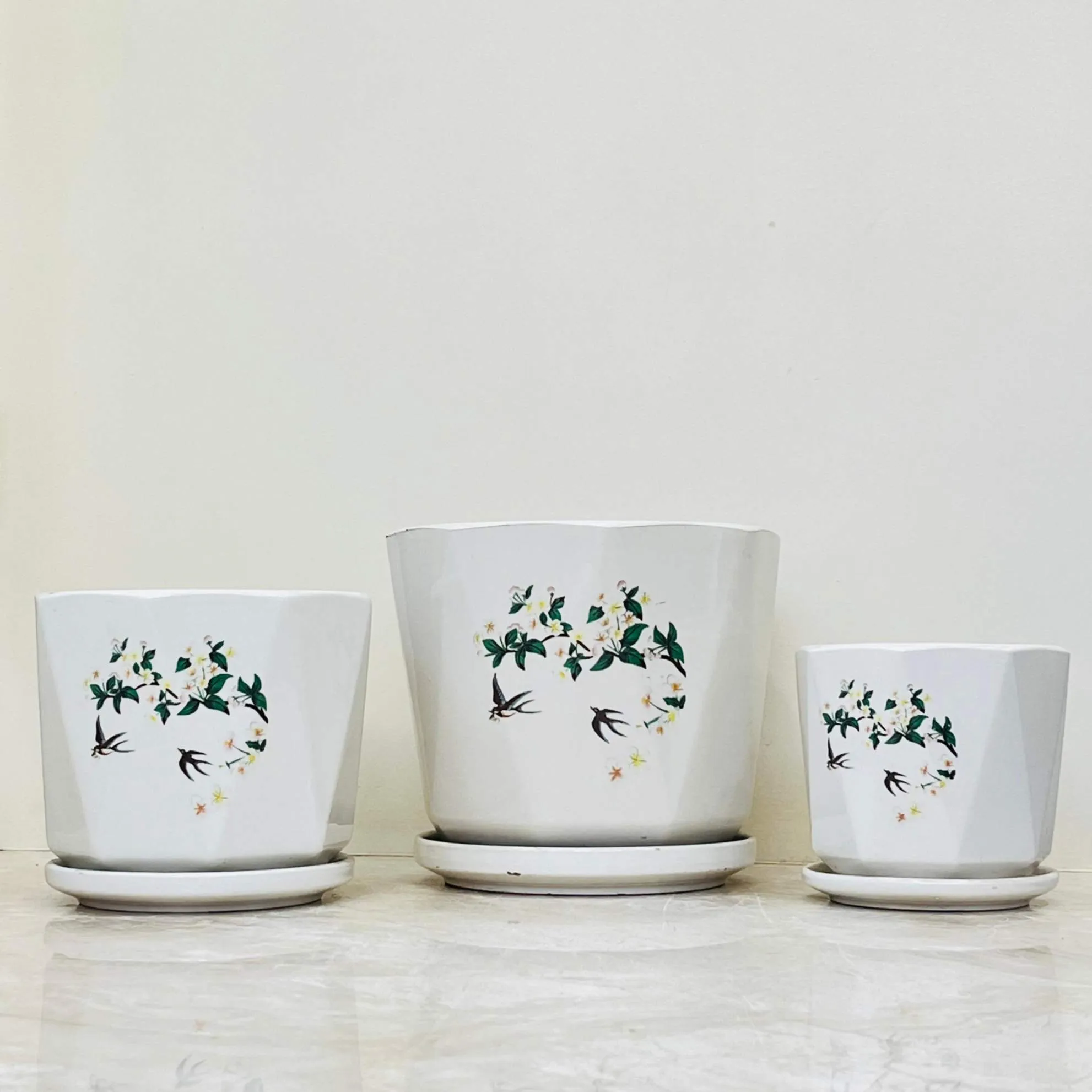 White Ceramic Planter Set with Floral and Bird Design (Set Of 3)