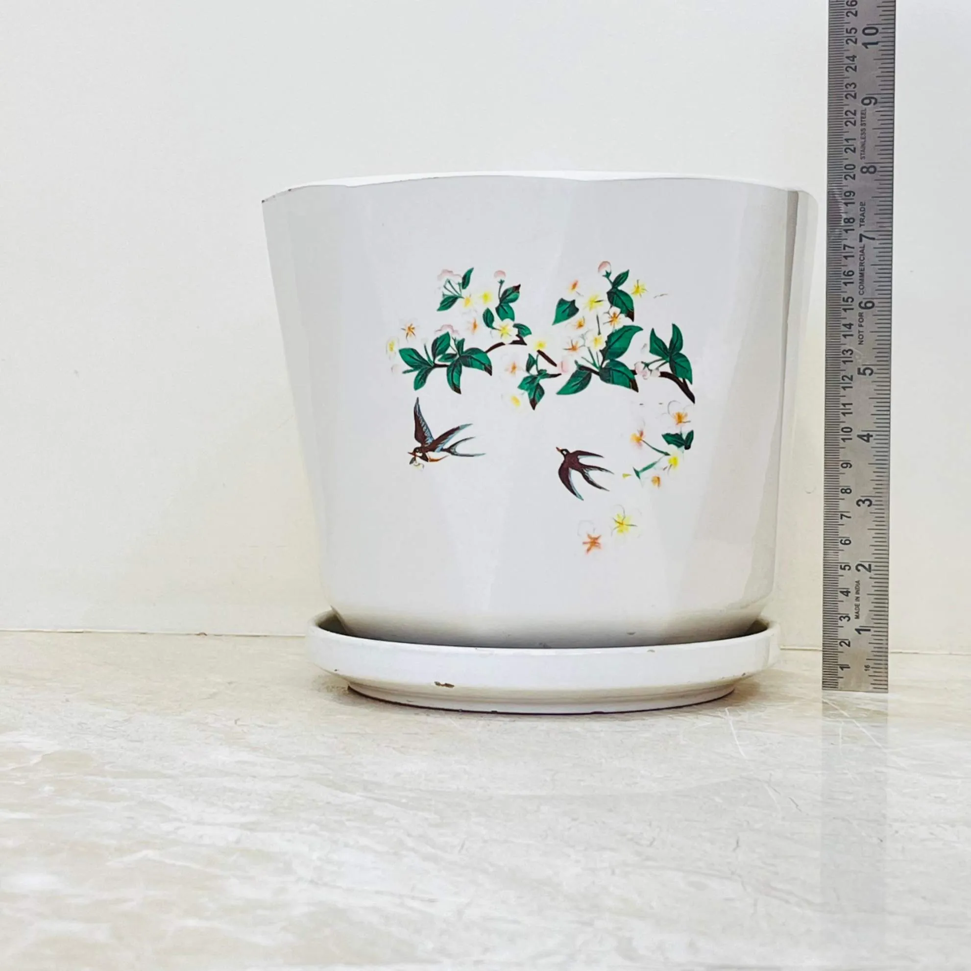 White Ceramic Planter Set with Floral and Bird Design (Set Of 3)